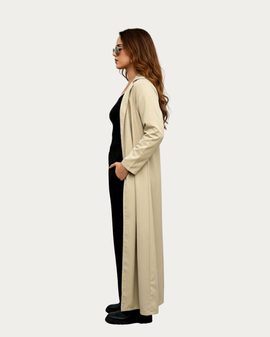 Beige Elegance | Modest Korean-Inspired Open Front Gown Pakistan