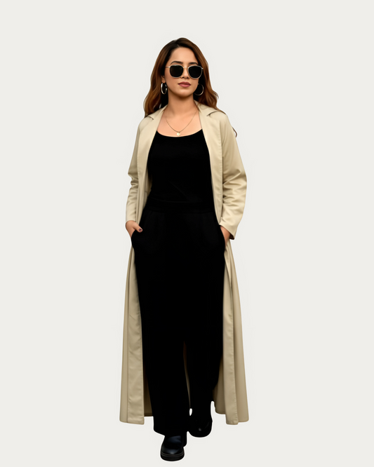 Beige Elegance | Modest Korean-Inspired Open Front Gown Pakistan