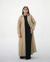 Beige coat style abaya Pakistan with minimalist Korean inspired tailoring