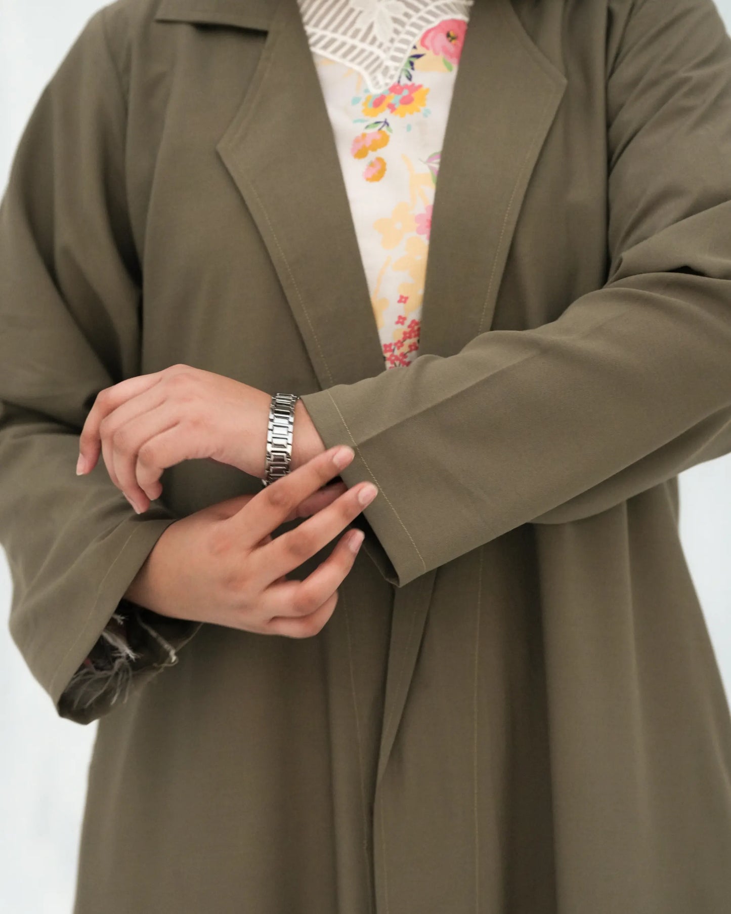 Olive Elegance | Modest Korean-Inspired Open Front Gown Pakistan