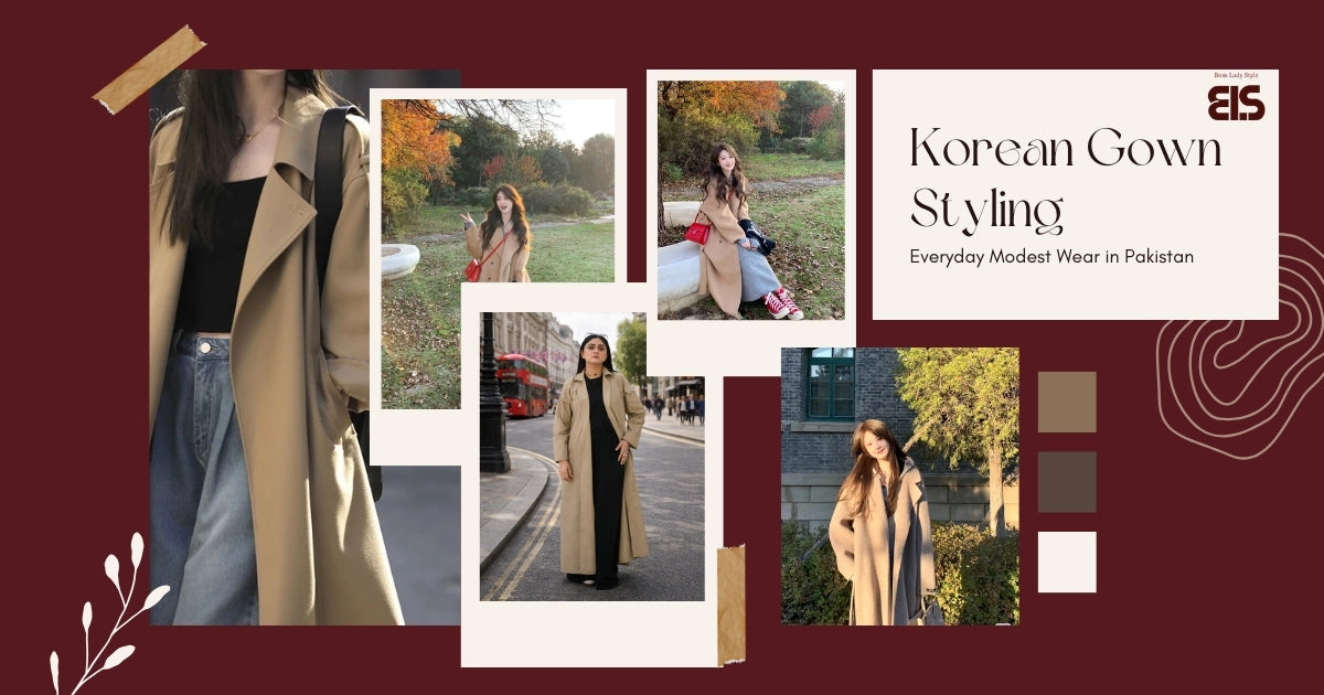 Woman wearing a front-open Korean-style long gown layered over a simple outfit for modest daily wear