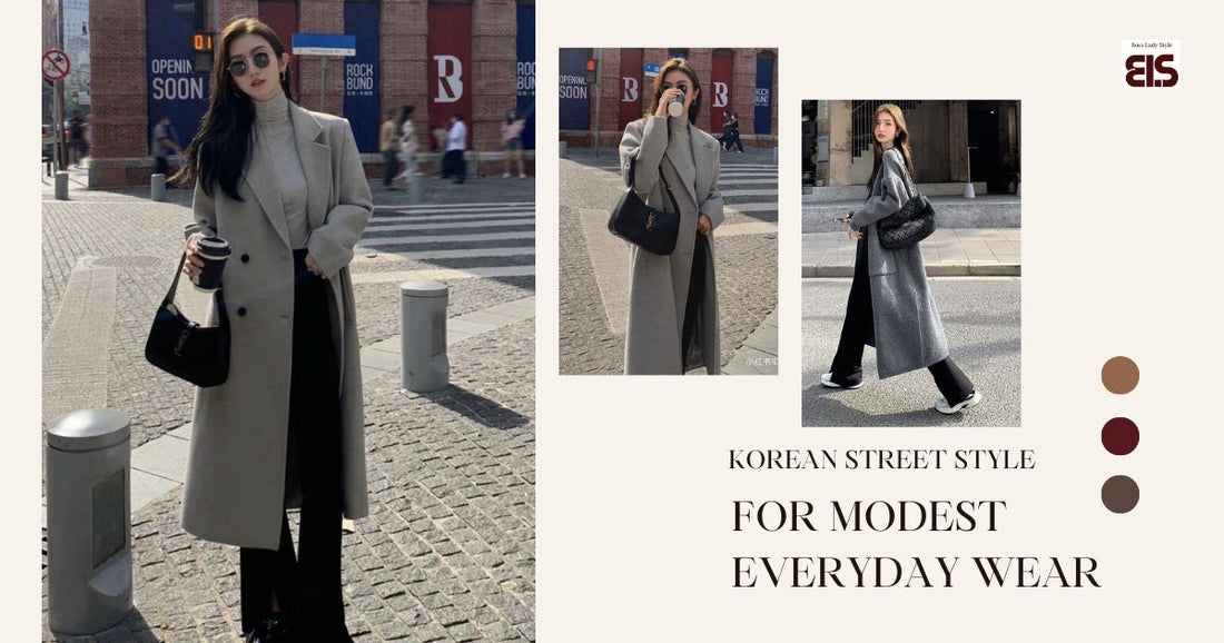 Modest street-style look inspired by Korean layering with a long outer coat for everyday wear