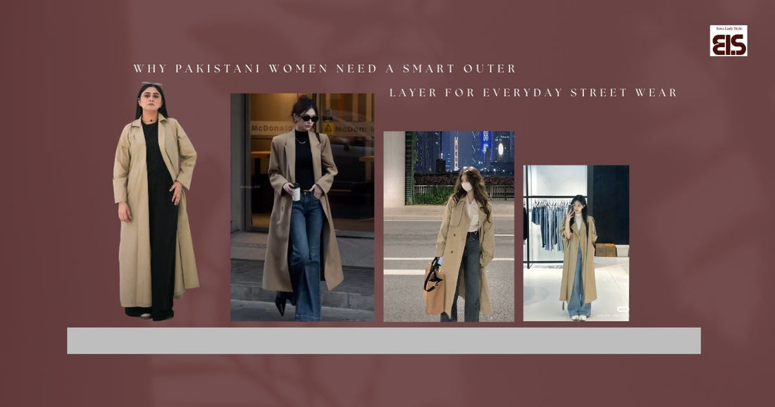 Pakistani woman wearing a long neutral-toned outer layer over a black outfit for modest everyday street wear