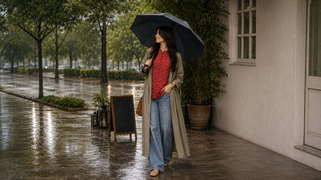 Woman wearing a modest open-front gown styled for monsoon weather in Pakistan, standing on a rainy street in a practical and elegant outfit.