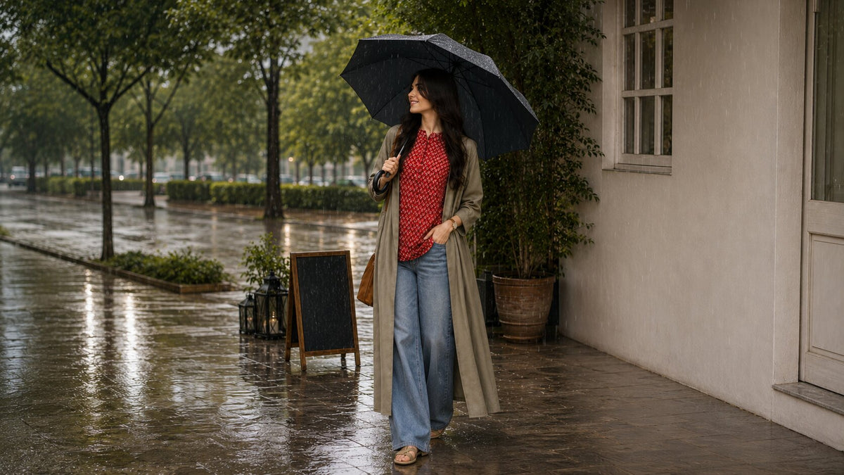 Woman wearing a modest open-front gown styled for monsoon weather in Pakistan, standing on a rainy street in a practical and elegant outfit.
