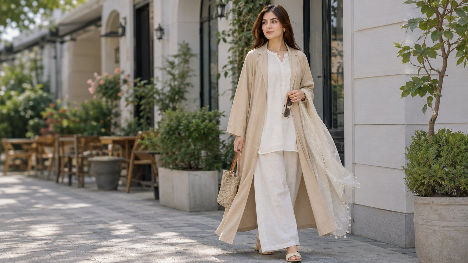 Woman wearing a light beige open-front gown with breathable summer modest outfit in Pakistan