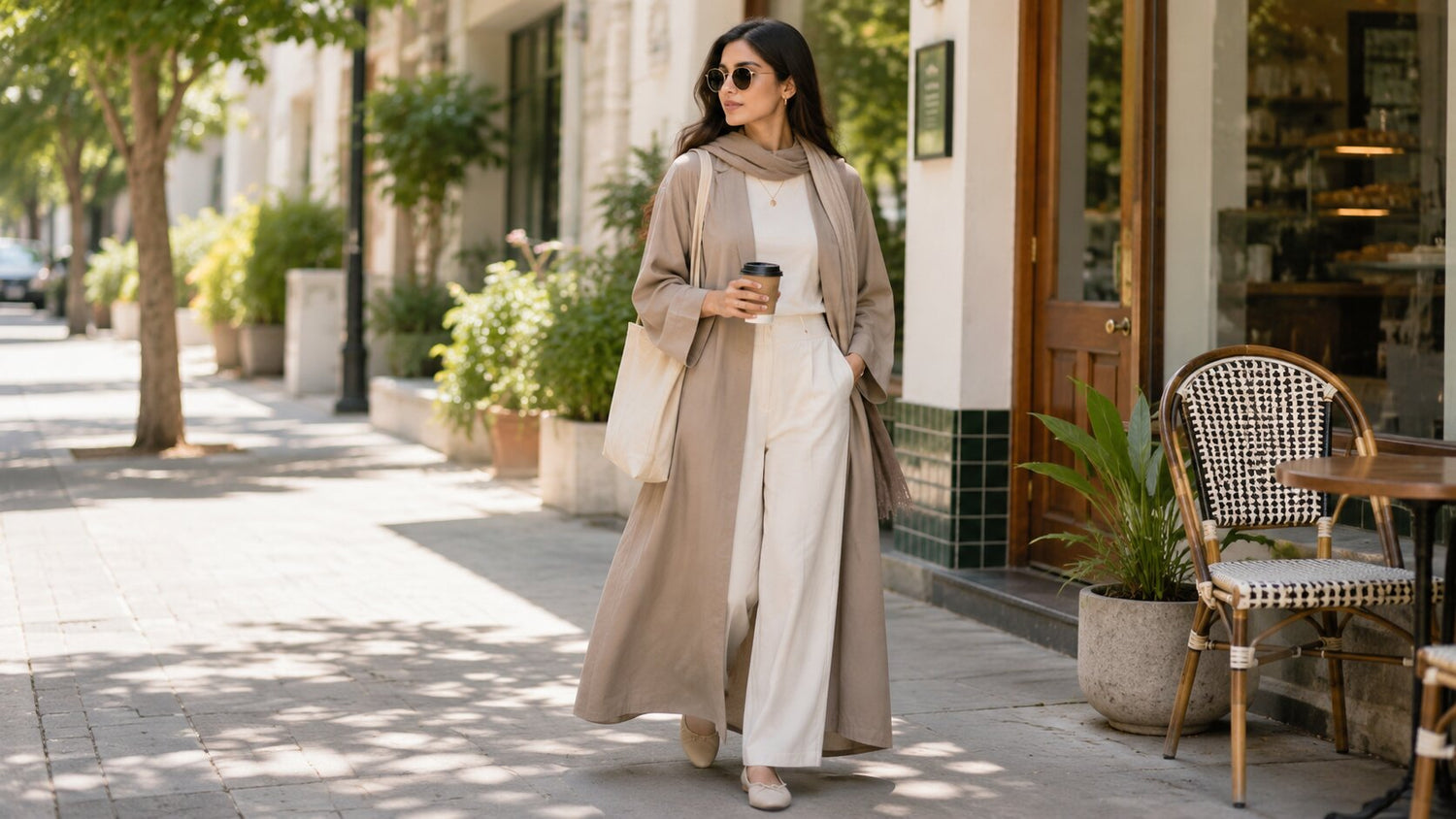 Woman wearing a breathable open-front gown for summer modest wear in Pakistan