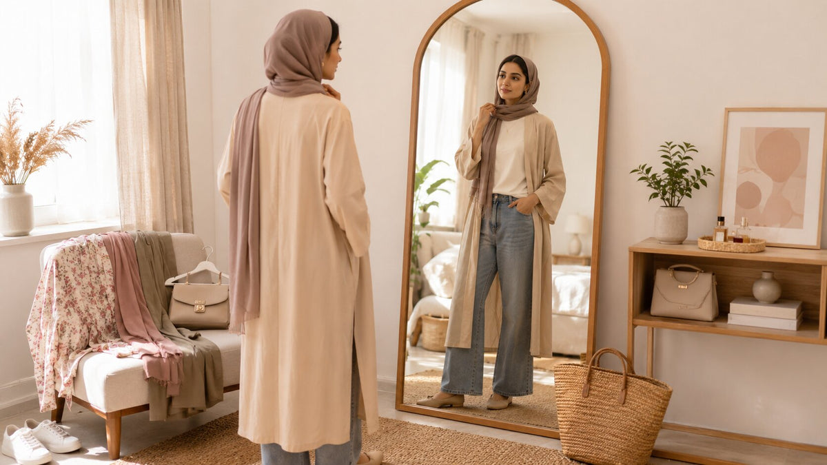 Hijabi woman styling a beige open-front gown with jeans and a modest inner top
