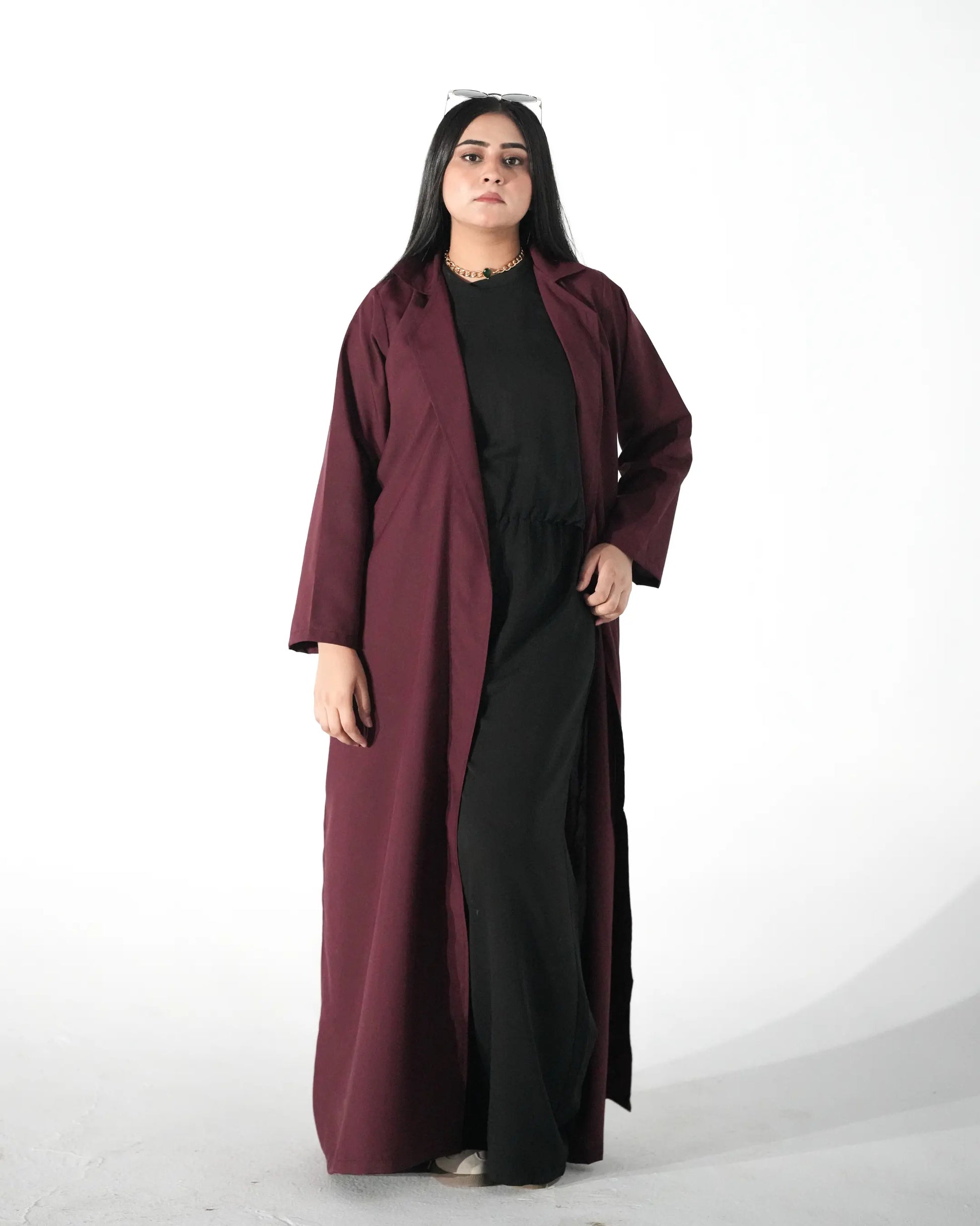 Maroon Korean inspired front open abaya for women in Pakistan