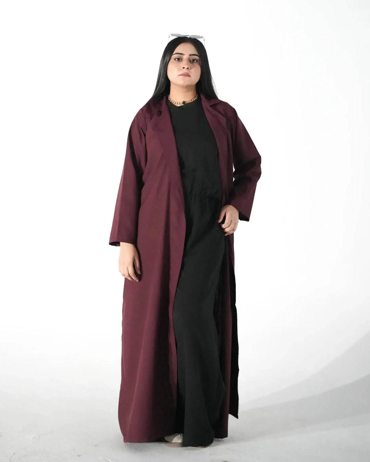Maroon Elegance | Modest Korean Open Front Gown Pakistan - Boss Lady Style