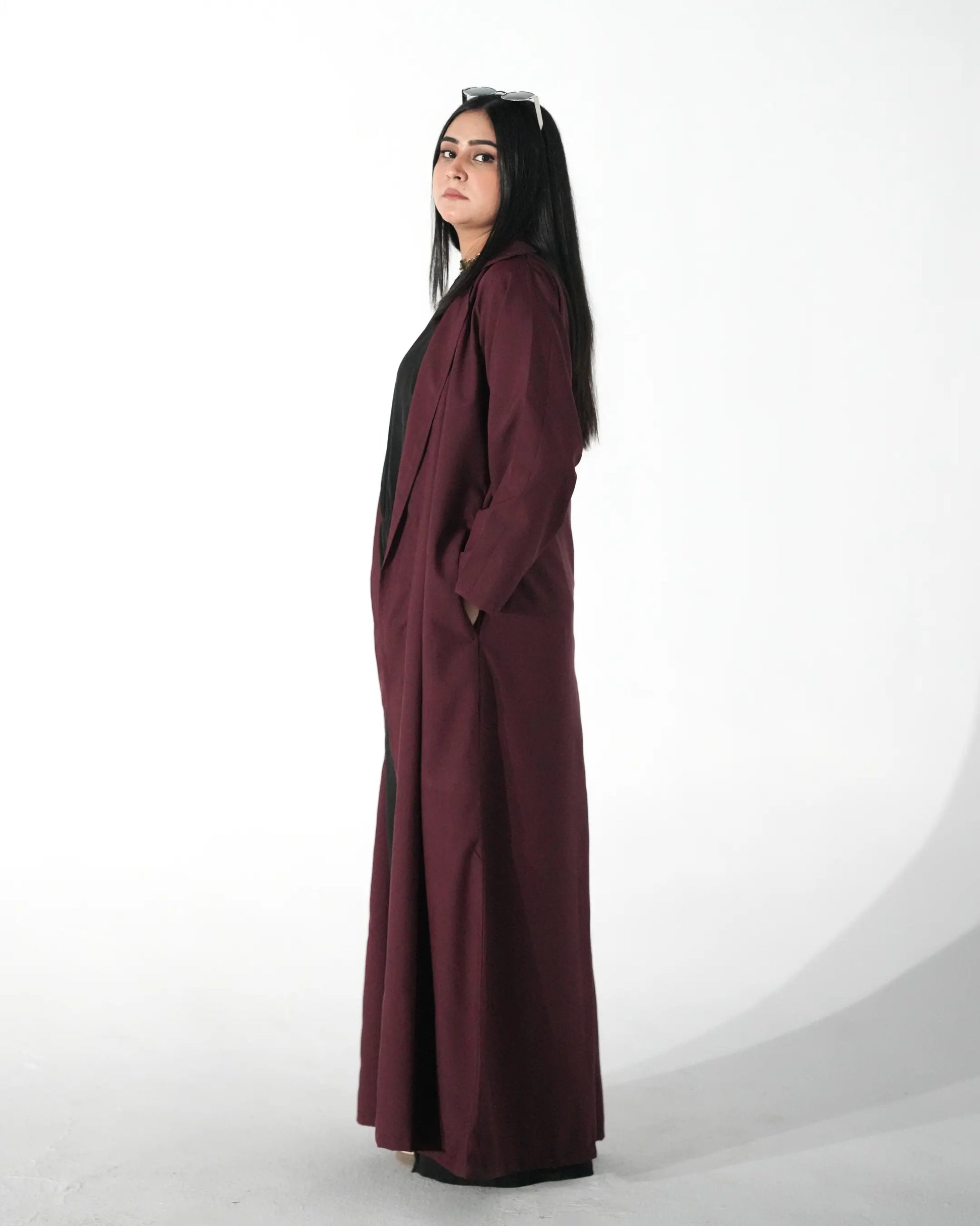 Maroon open front abaya showing movement and relaxed fall