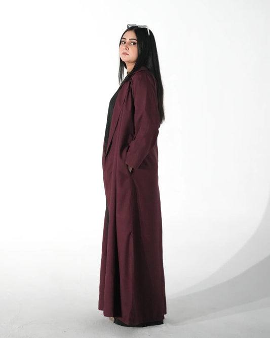 Maroon open front abaya showing movement and relaxed fall