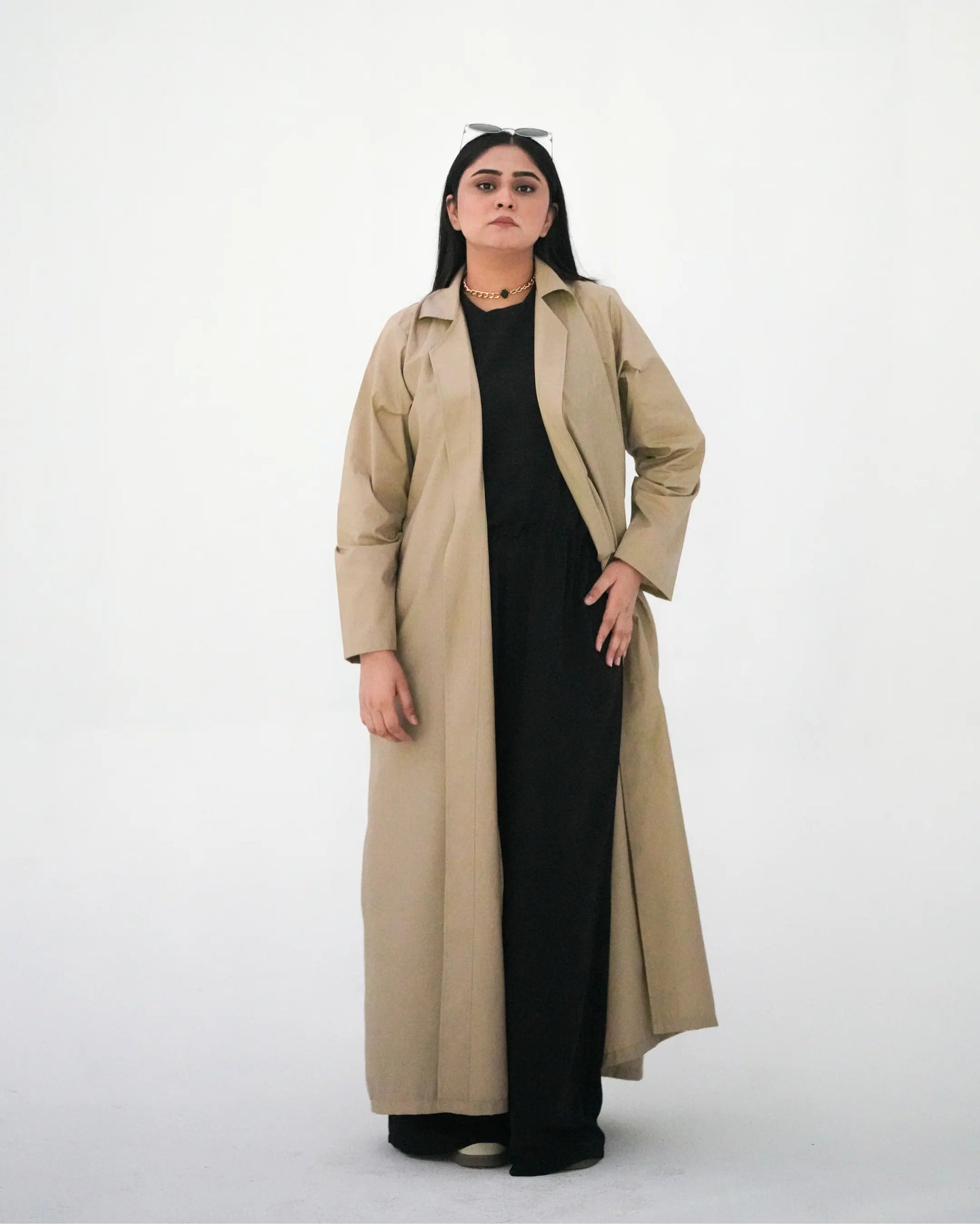Beige coat style abaya Pakistan with minimalist Korean inspired tailoring