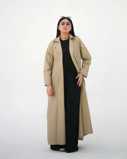 Beige Elegance | Modest Korean-Inspired Open Front Gown Pakistan - Boss Lady Style