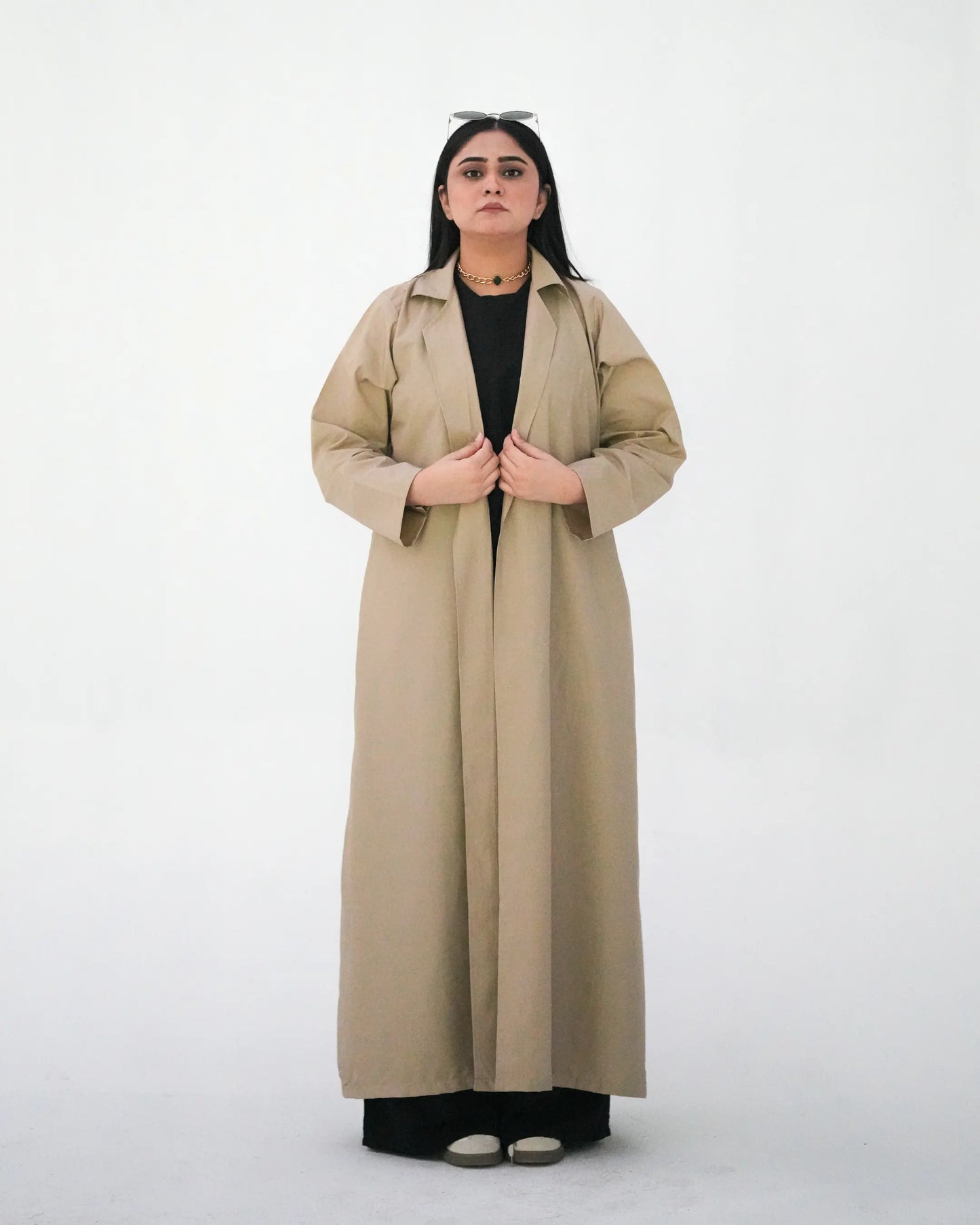 Beige open front coat style abaya for women in Pakistan