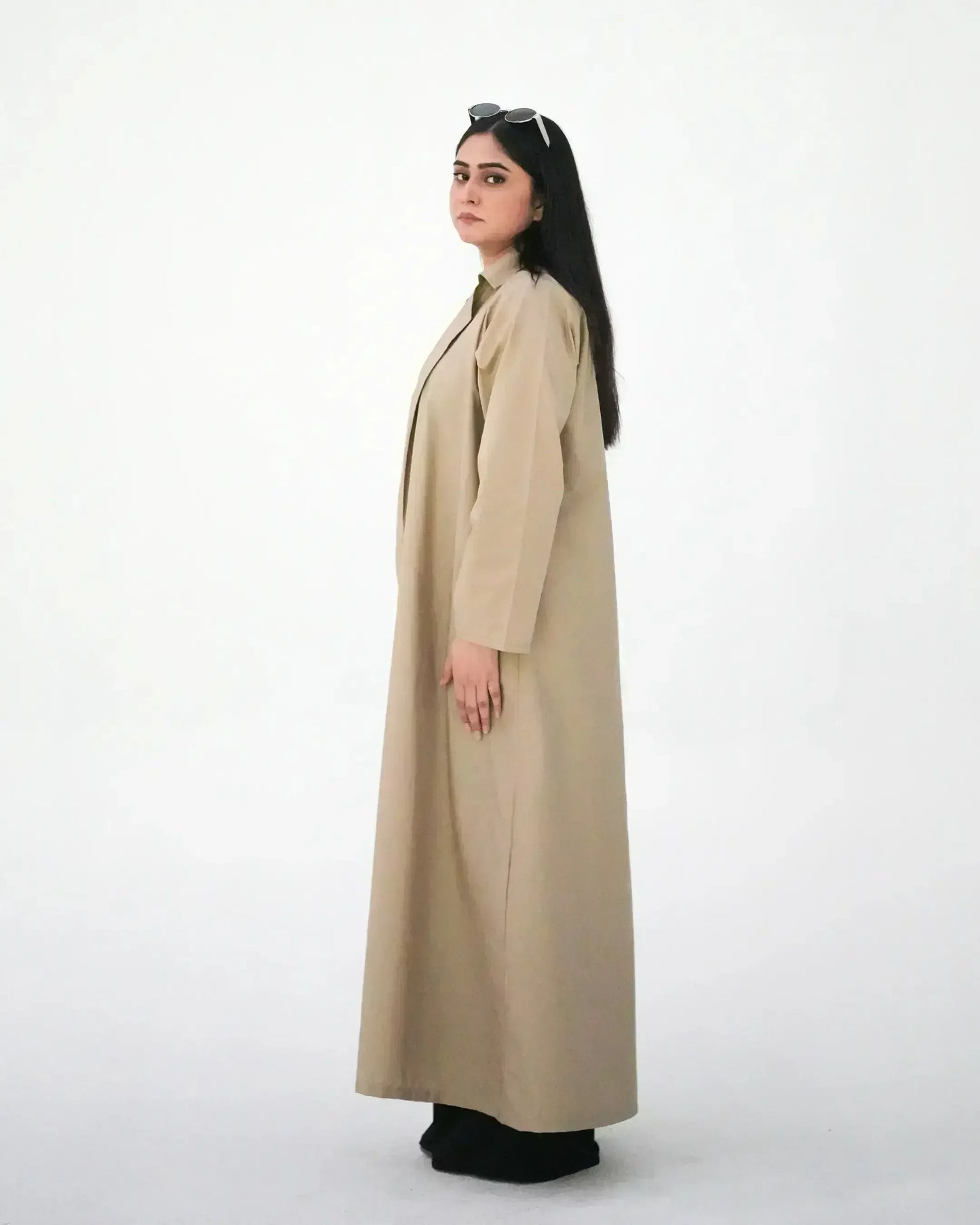 Beige Elegance | Modest Korean-Inspired Open Front Gown Pakistan - Boss Lady Style