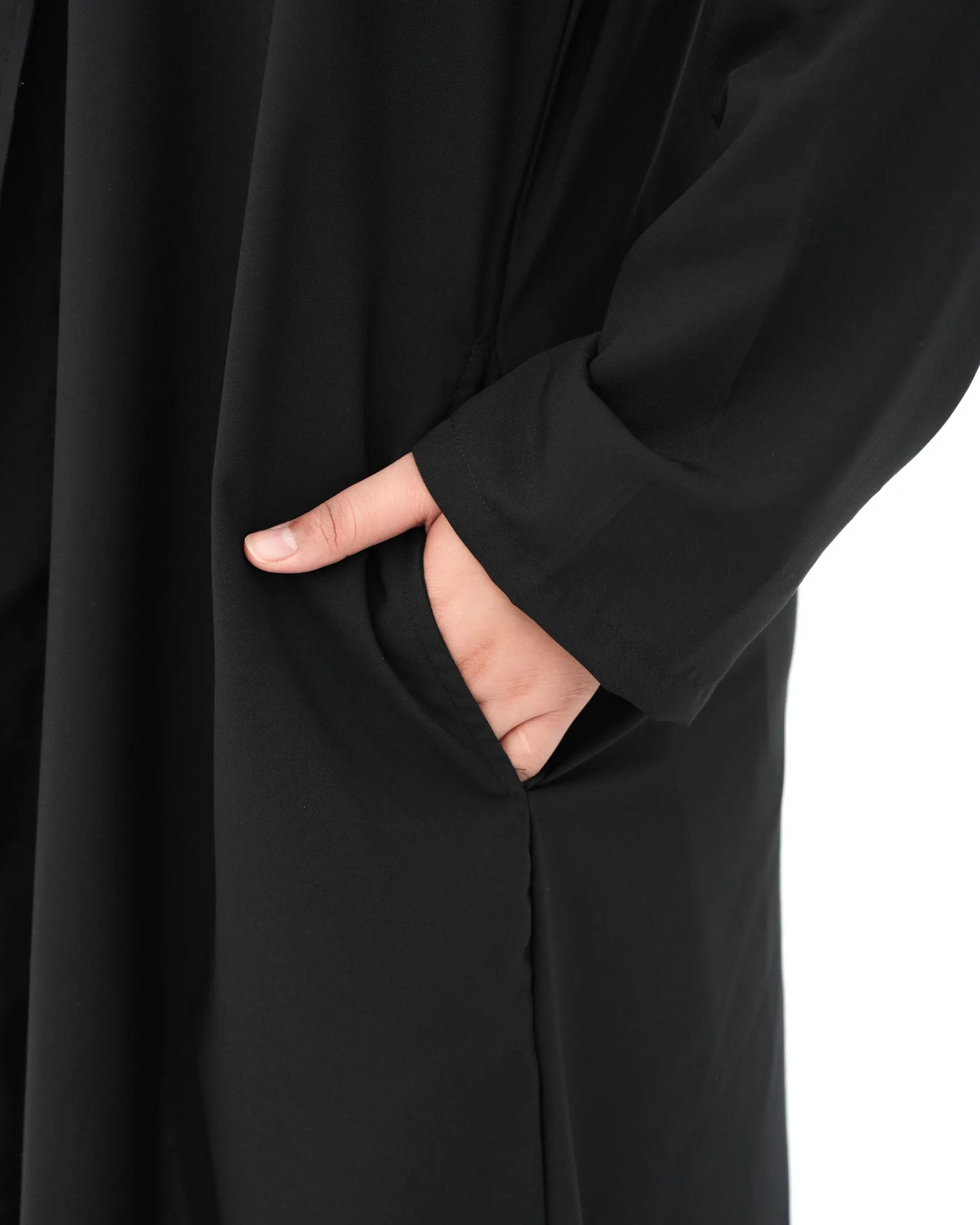 Pocket detail of black open front modest abaya