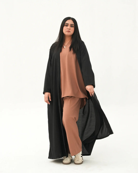 Black coat style abaya Pakistan with Korean inspired tailoring