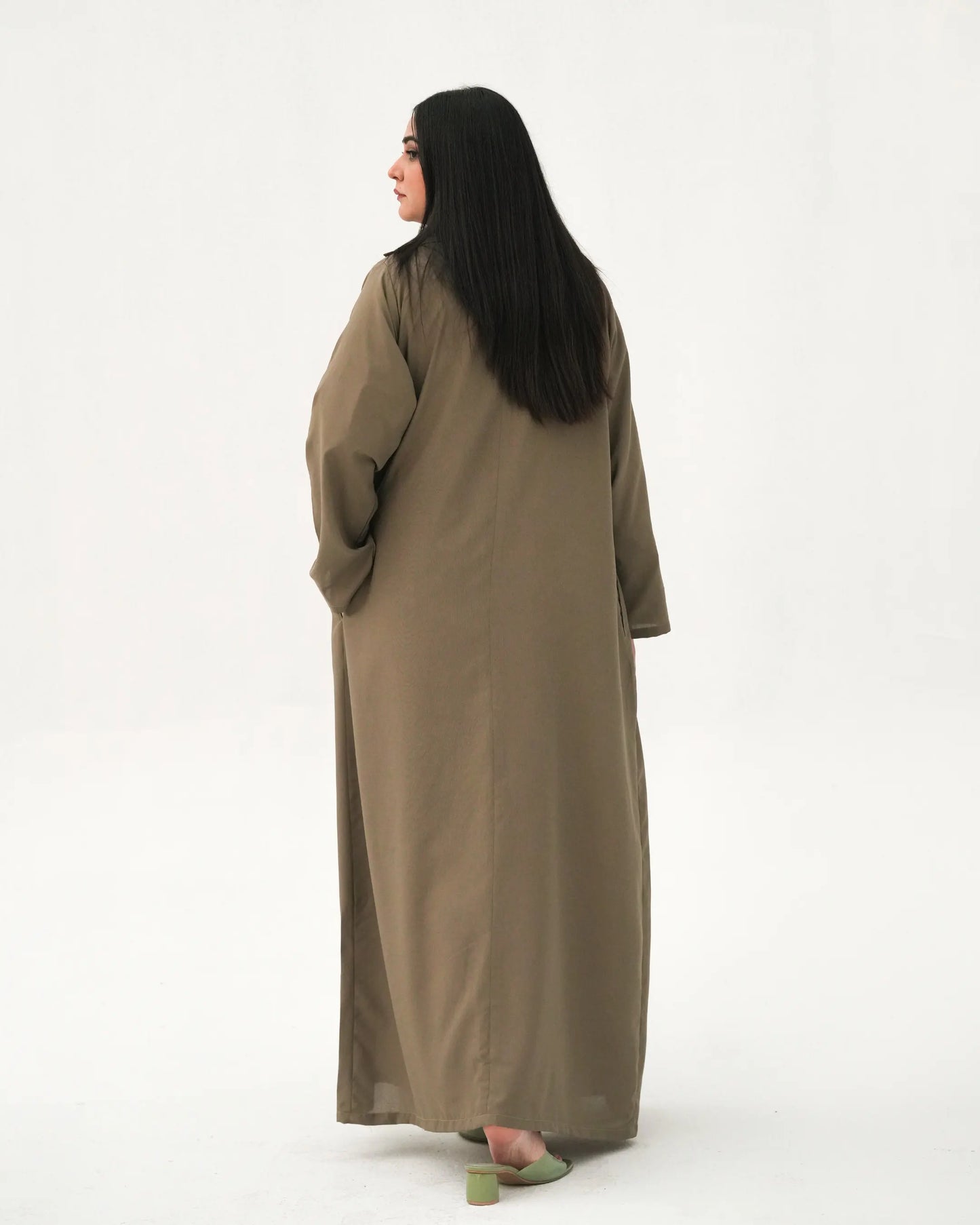 Olive Elegance | Modest Korean-Inspired Open Front Gown Pakistan