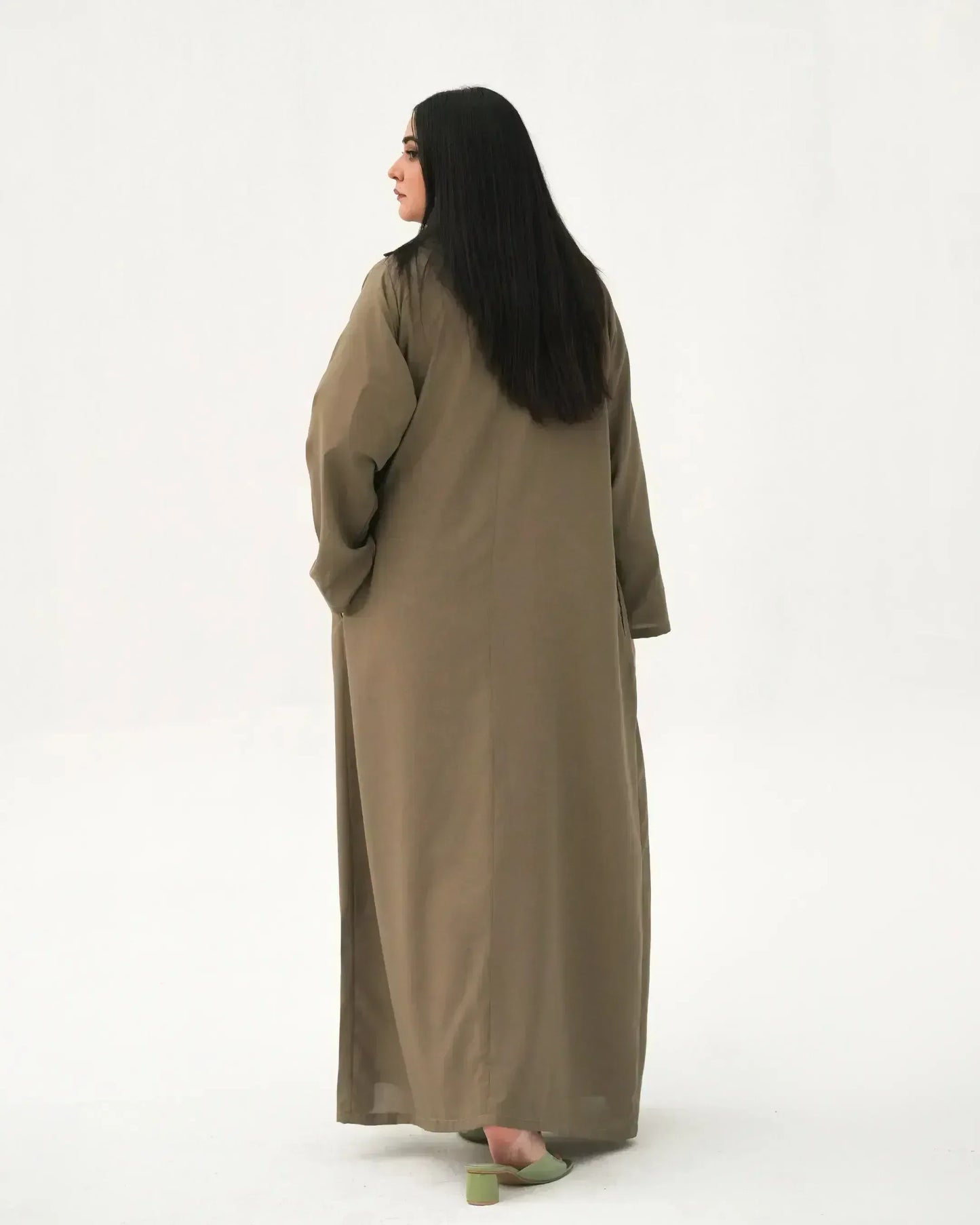 Olive Elegance | Modest Korean-Inspired Open Front Gown Pakistan - Boss Lady Style