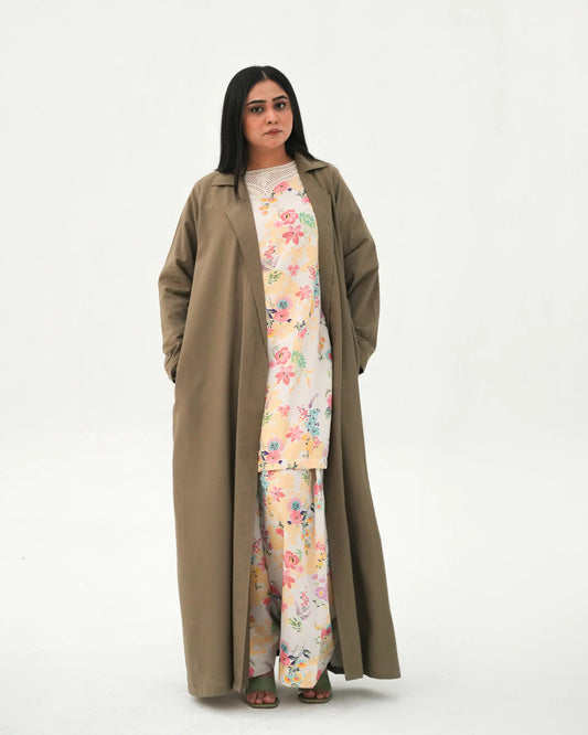 Olive Elegance | Modest Korean-Inspired Open Front Gown Pakistan