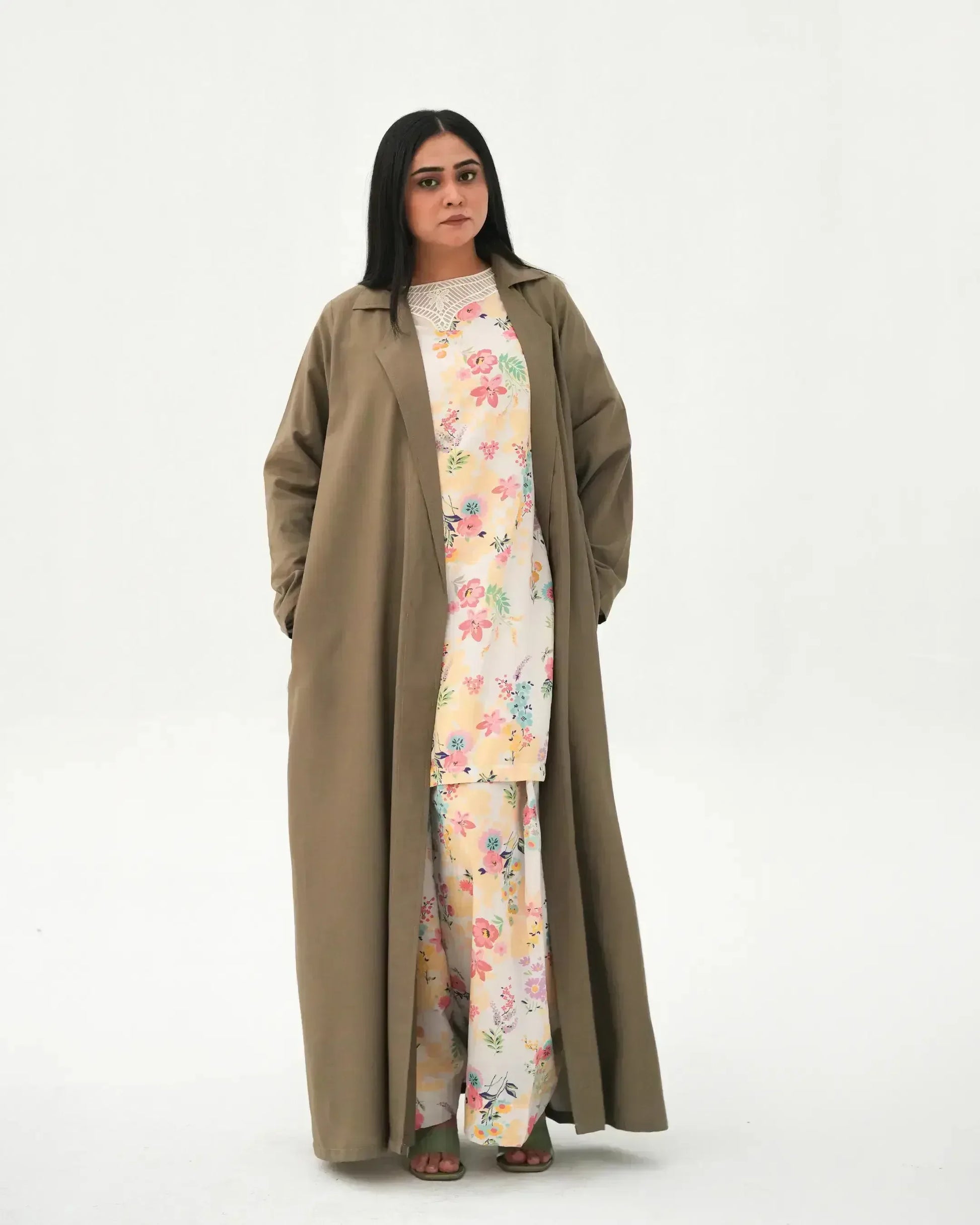 Olive Elegance | Modest Korean-Inspired Open Front Gown Pakistan - Boss Lady Style