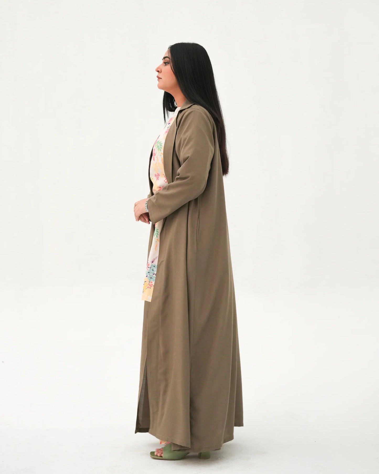 Olive Elegance | Modest Korean-Inspired Open Front Gown Pakistan