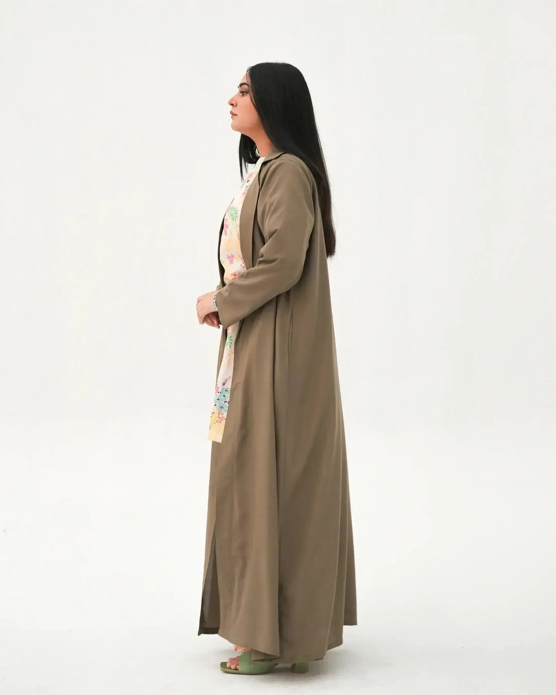 Olive Elegance | Modest Korean-Inspired Open Front Gown Pakistan - Boss Lady Style