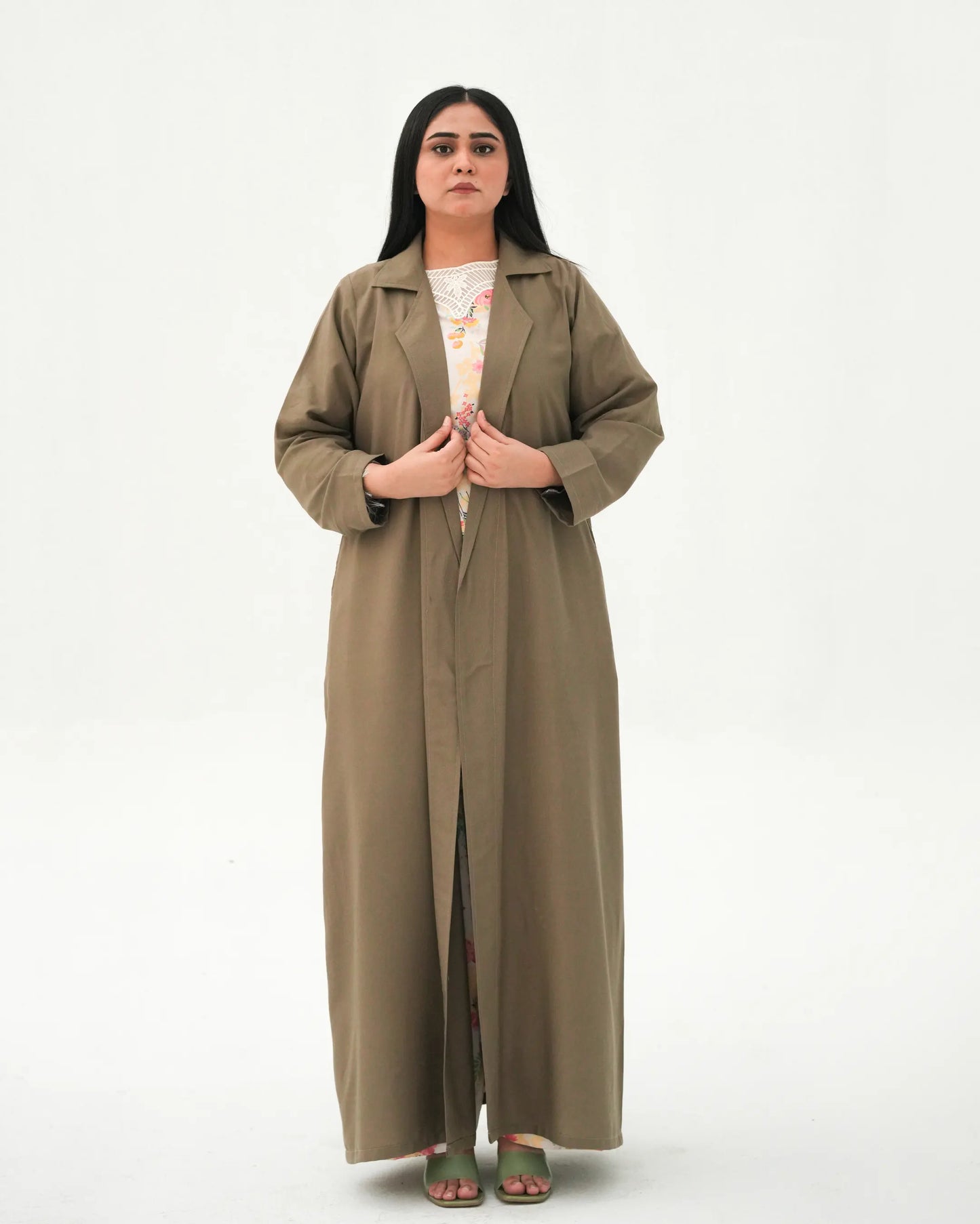 Olive Elegance | Modest Korean-Inspired Open Front Gown Pakistan
