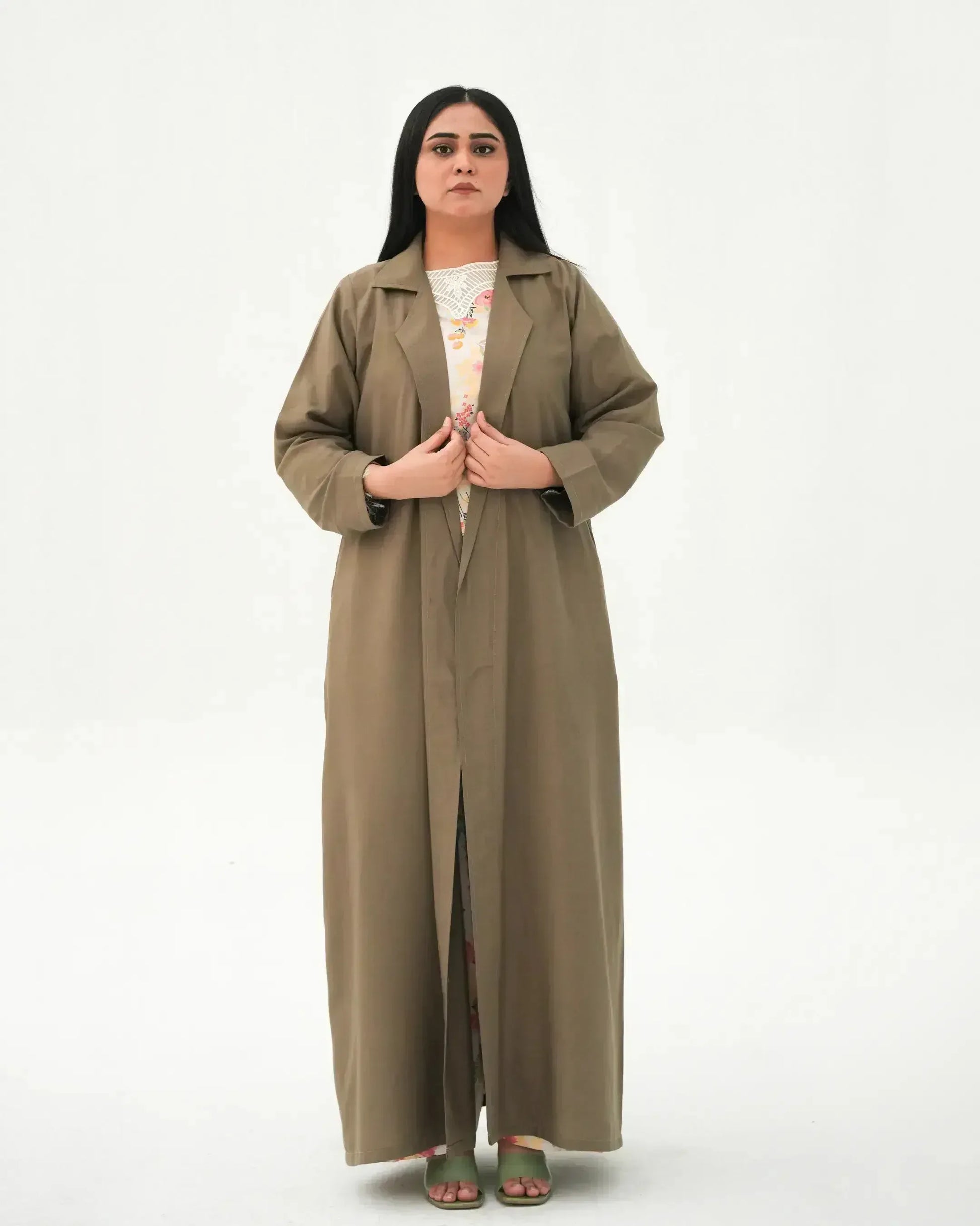 Olive Elegance | Modest Korean-Inspired Open Front Gown Pakistan - Boss Lady Style